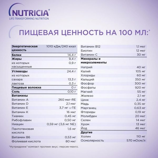 Нутридринк компакт протеин 125мл смесь д/энт.пит. №4 уп. персик манго (Nutricia b.v.)