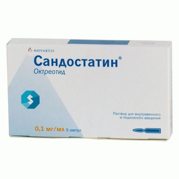Сандостатин 100мкг/мл 1мл р-р д/ин.в/в.,п/к. №5 амп.