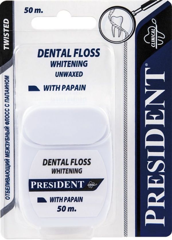Президент зубная нить 50м отбеливающая с папаином 134
